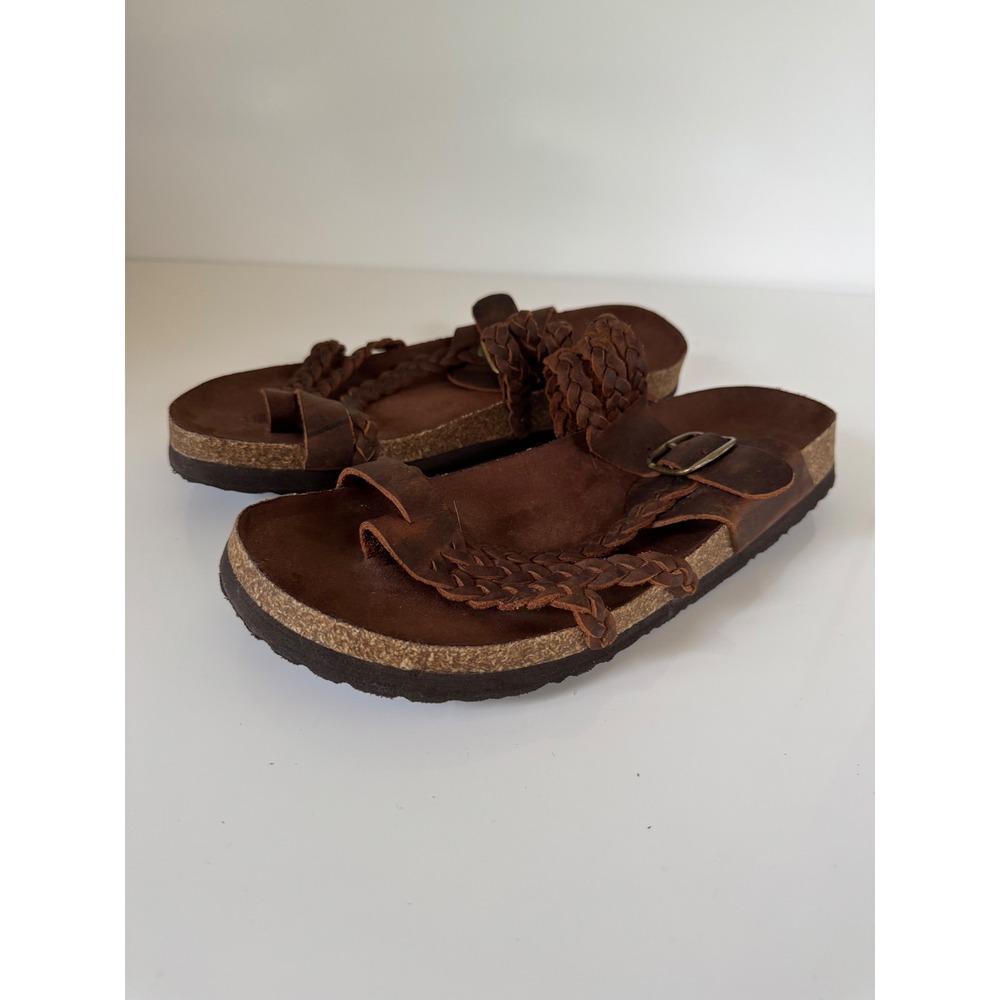 White Mountain Footbeds Brown Leather Braided Toe Loop Buckle Sandals Womens 9M